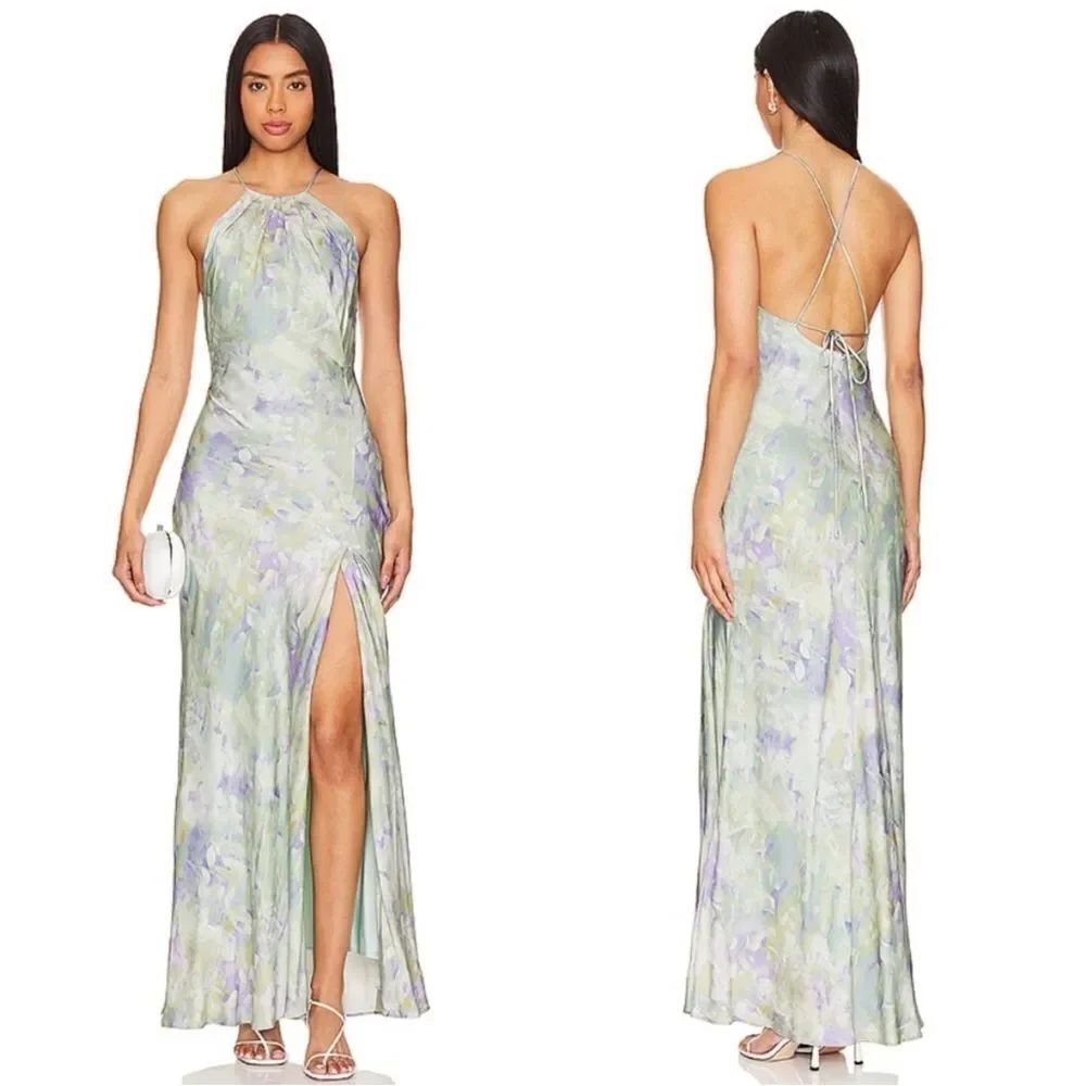 ASTR Revolve Lace Up Satin Slip Midi Elynor Dress in Purple Abstract NWT $164
